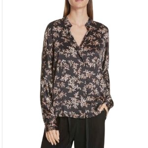 Vince Eden Lead Branch Floral Dark Brown 100% Silk Popover Blouse Size Medium